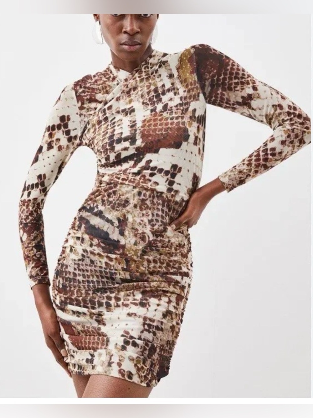 Karen Millen Snake Print Ruched Bodycon Dress XS Long Sleeve Asymmetrical